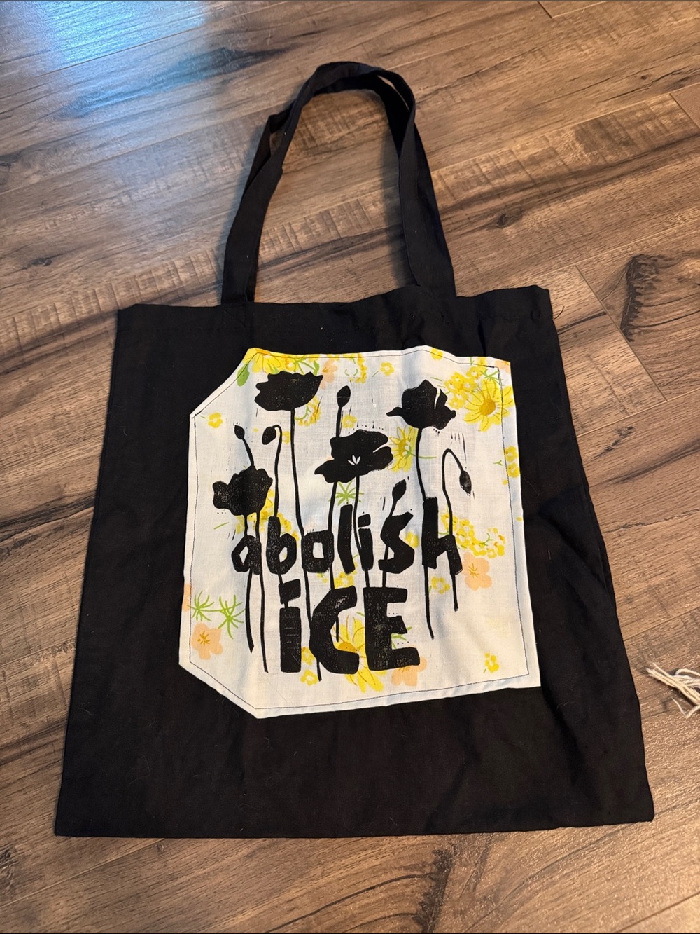 ABOLISH ICE Black Canvas Tote Bag with Floral Patch handmade
